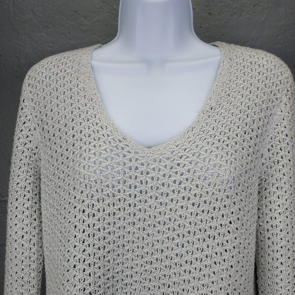 J. McLaughlin Laney Sweater Women Med Open Pontelle Knit Silver V-Neck Snowflake - Picture 2 of 11